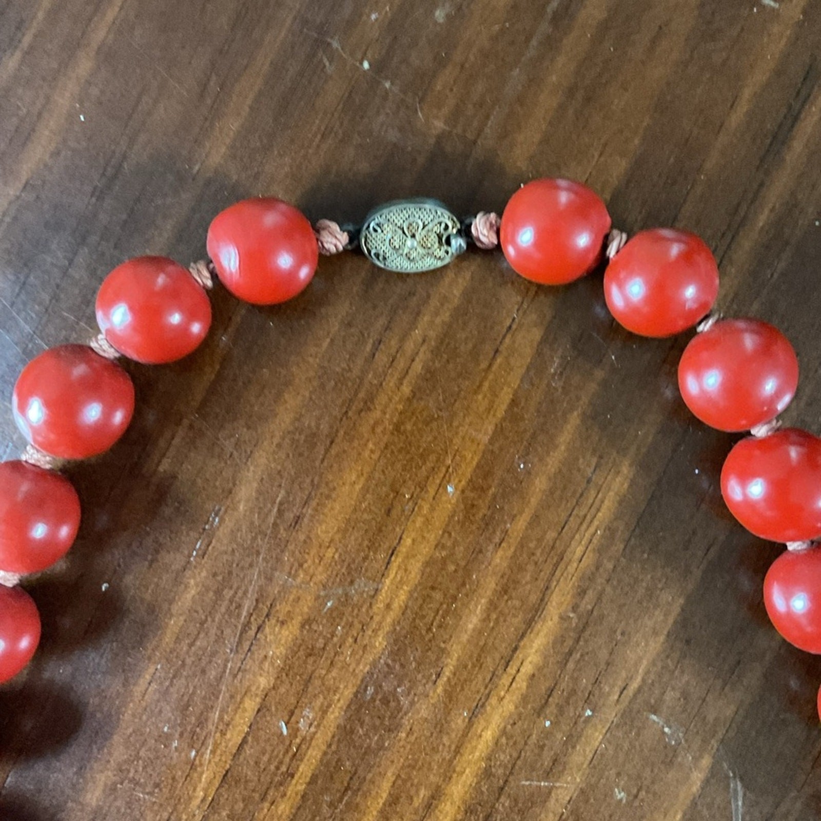 Vintage Rare Chinese Export Red Wooden Bead Silver Filigree Clasp Necklace
