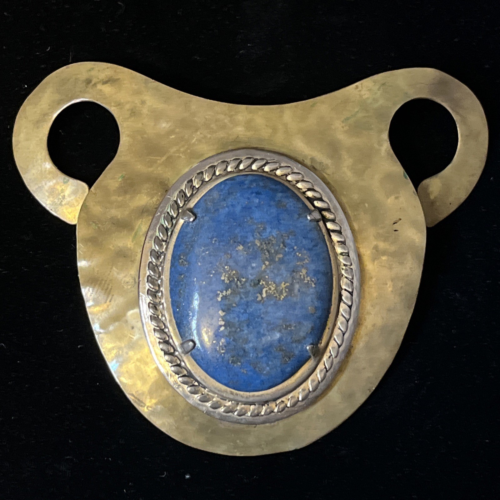 Vintage Native American Slide Pendant Lapis Lazuli Brass Silver 3.25″ 36.3g