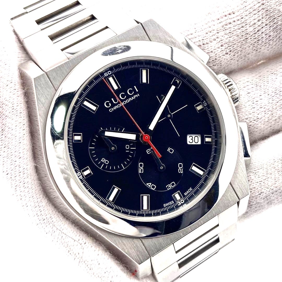 GUCCI Pantheon Chronograph 115.2 Watch Black Dial Steel Silver Men Used