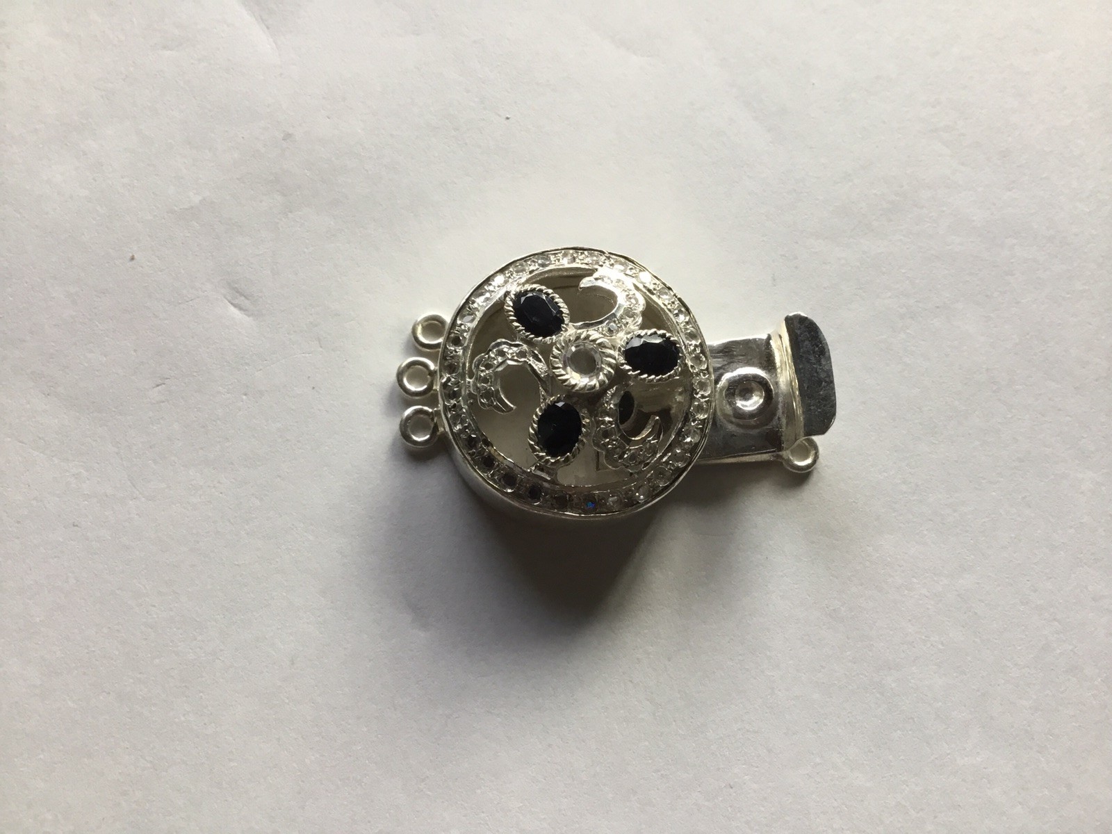 Silver plated brass ,box-tab Clasp for Jewelry w/dark blue sapphire & clear CZ