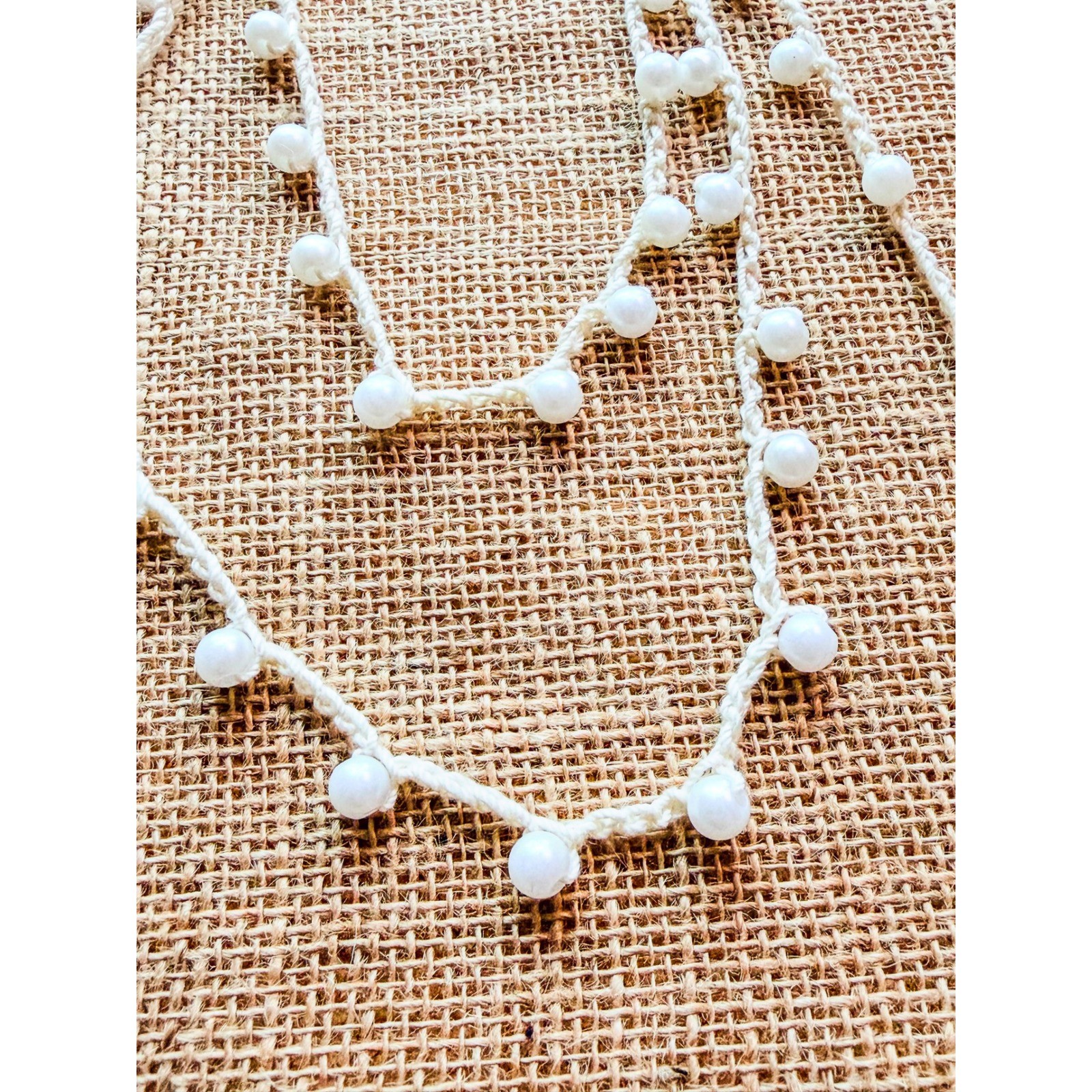 Boho Crochet Pearl Multi Strand Layered Necklace Cream White Beaded Handmade