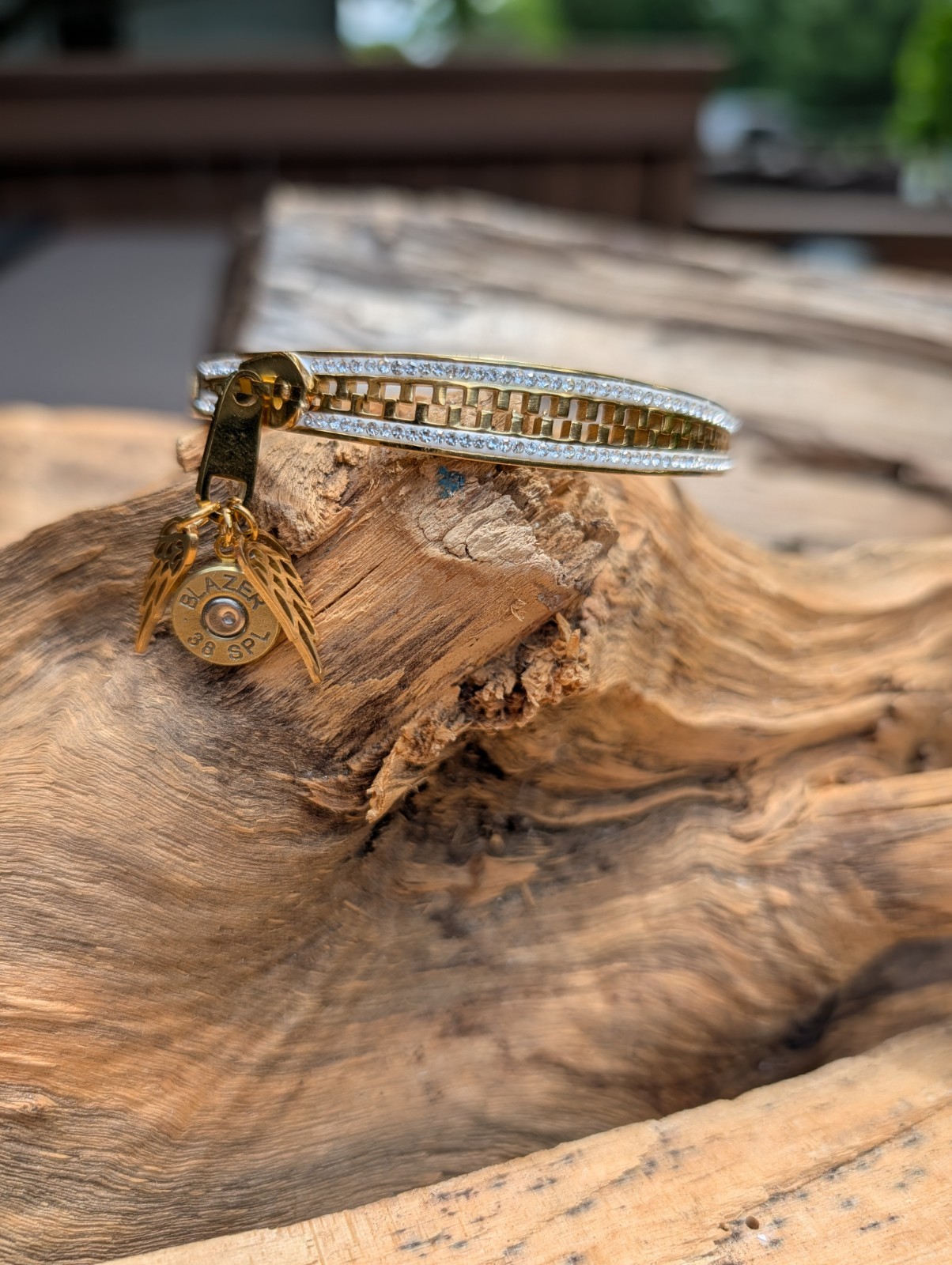 Silver or Gold Stainless Zipper wing and Bullet Bracelet. Optional Glass Crystal