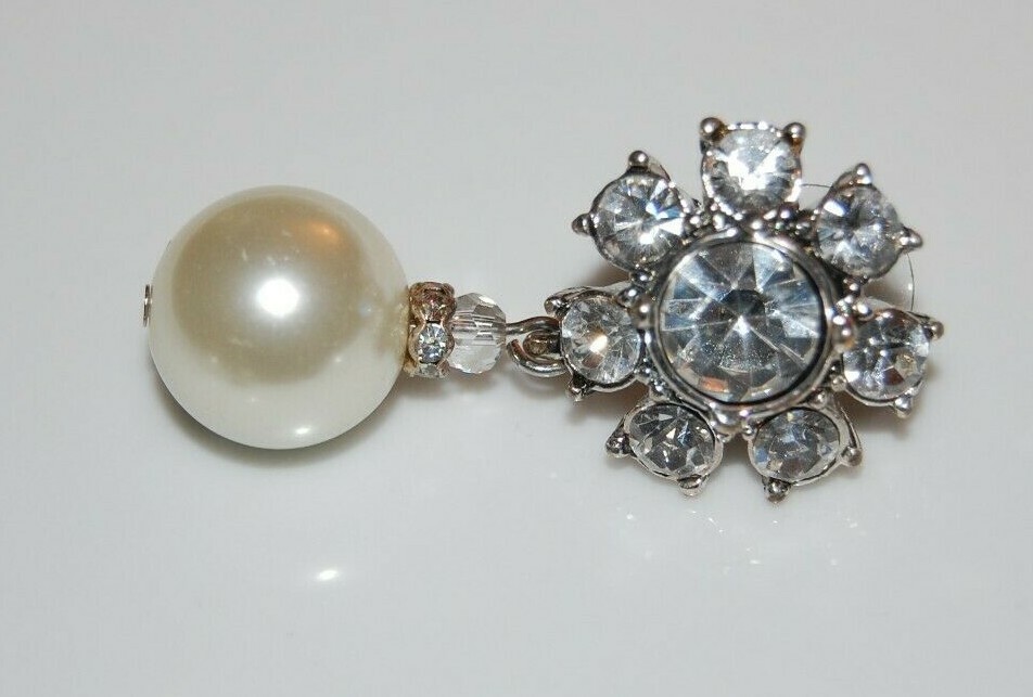 ELEGANT COUTURE RHINESTONES SILVERED METAL FAUX PEARL DROP DANGLE POST EARRINGS