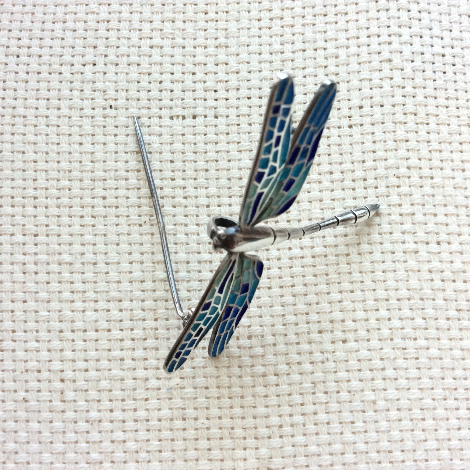 Arior dragonfly brooch pendant – Silver – Enamel Blue Mosaic – 5cm/2in – Boxed