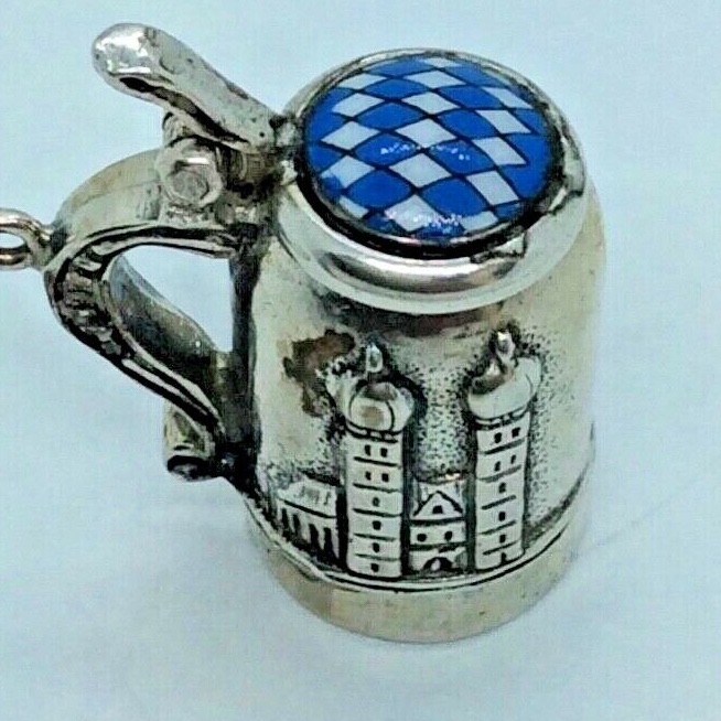 Estate Sterling Silver .835 German Beer Stein Charm or Pendant with Enamel Top