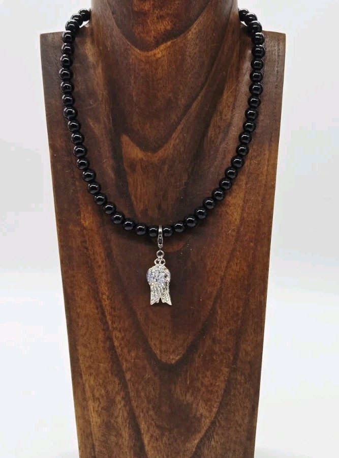 Kirks Folly Necklace Expect Miracles Angel Wing Black Beaded Silver tone 8 mm
