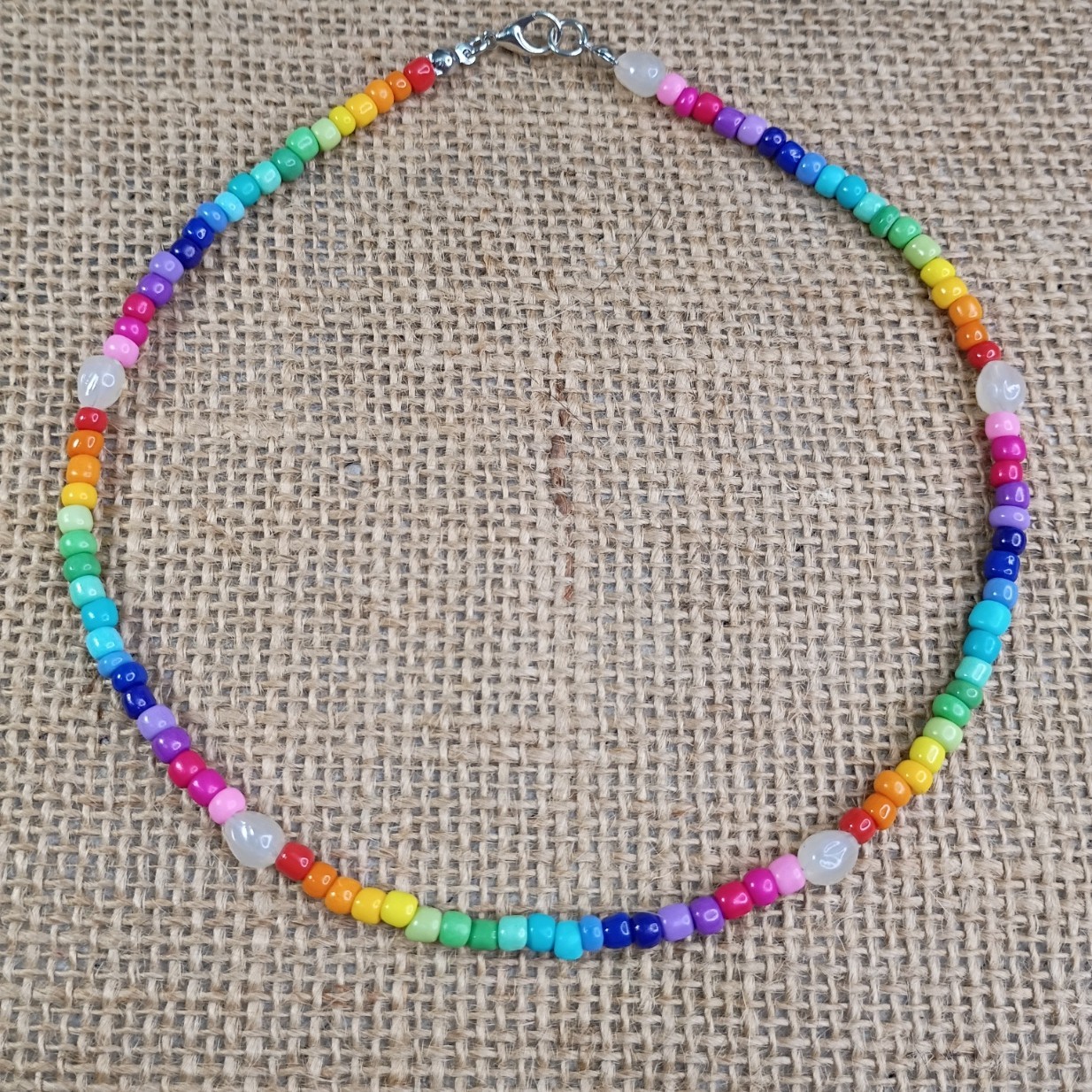 New Rainbow Beaded Choker Necklace – Seed Bead & Faux Pearl Choker Handmade Boho