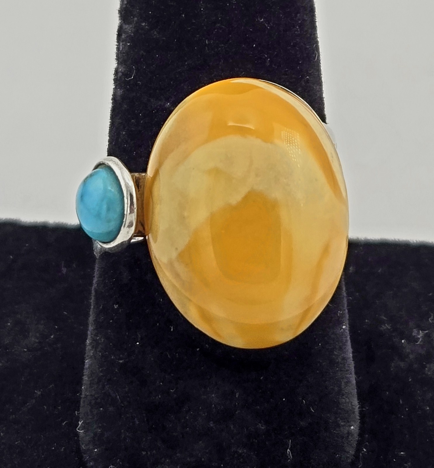 Vintage Butterscotch Baltic Amber Turquoise Sterling Silver Ring Size 9 – 8g