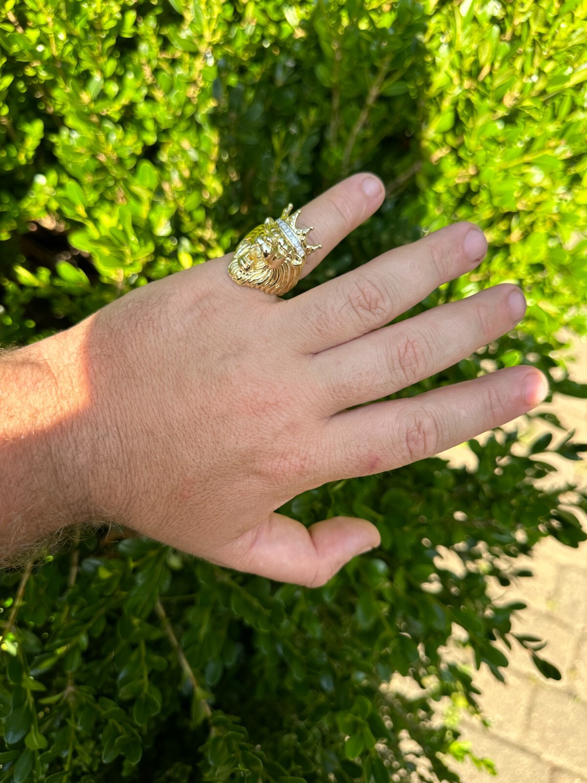 Lion W. Moissanite Baguette Crown 3D Mens Ring – 14k Gold Over Real 925 Silver