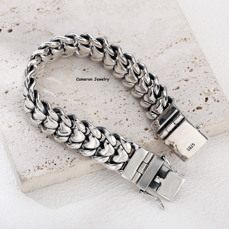 Pure 925 Sterling Silver Chain 15mm Heart Cuban Curb Link Bracelet 7.1-8.7inch