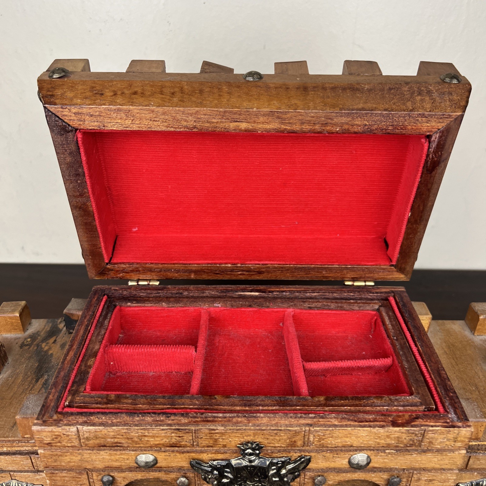 VTG Mid Century Castle Wooden Jewelry Box Red Velvet Lined 13.5″ Medieval Patina