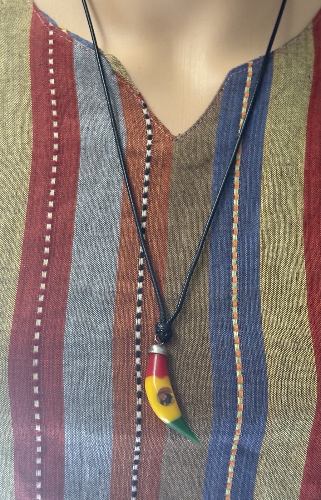Rasta Tooth Charm Pendant Black Cord Necklace Red Yellow Green Adjustable Tie