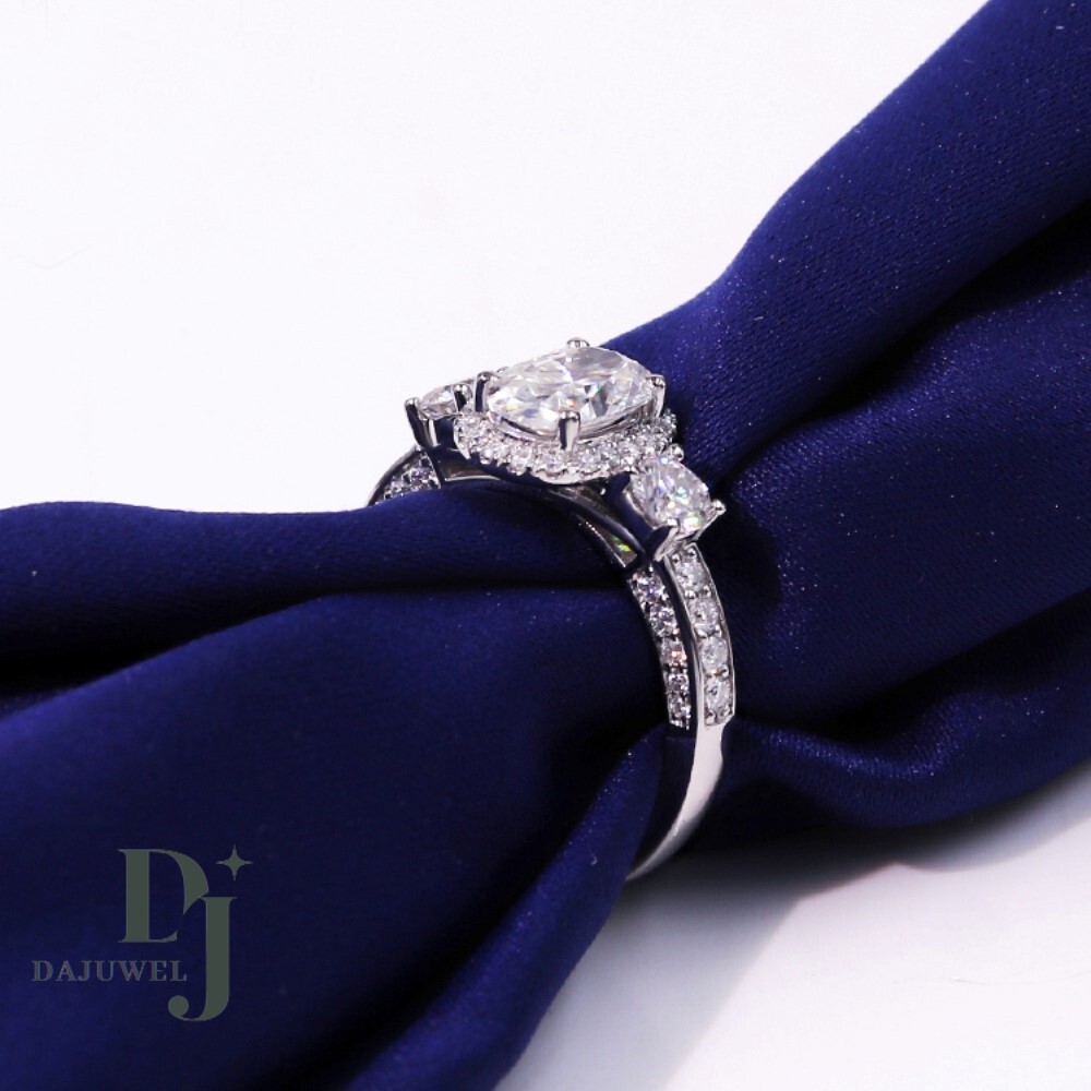 Moissanite Halo Engagement Ring Solid 14K White Gold 3 Carat Oval Cut VVS1