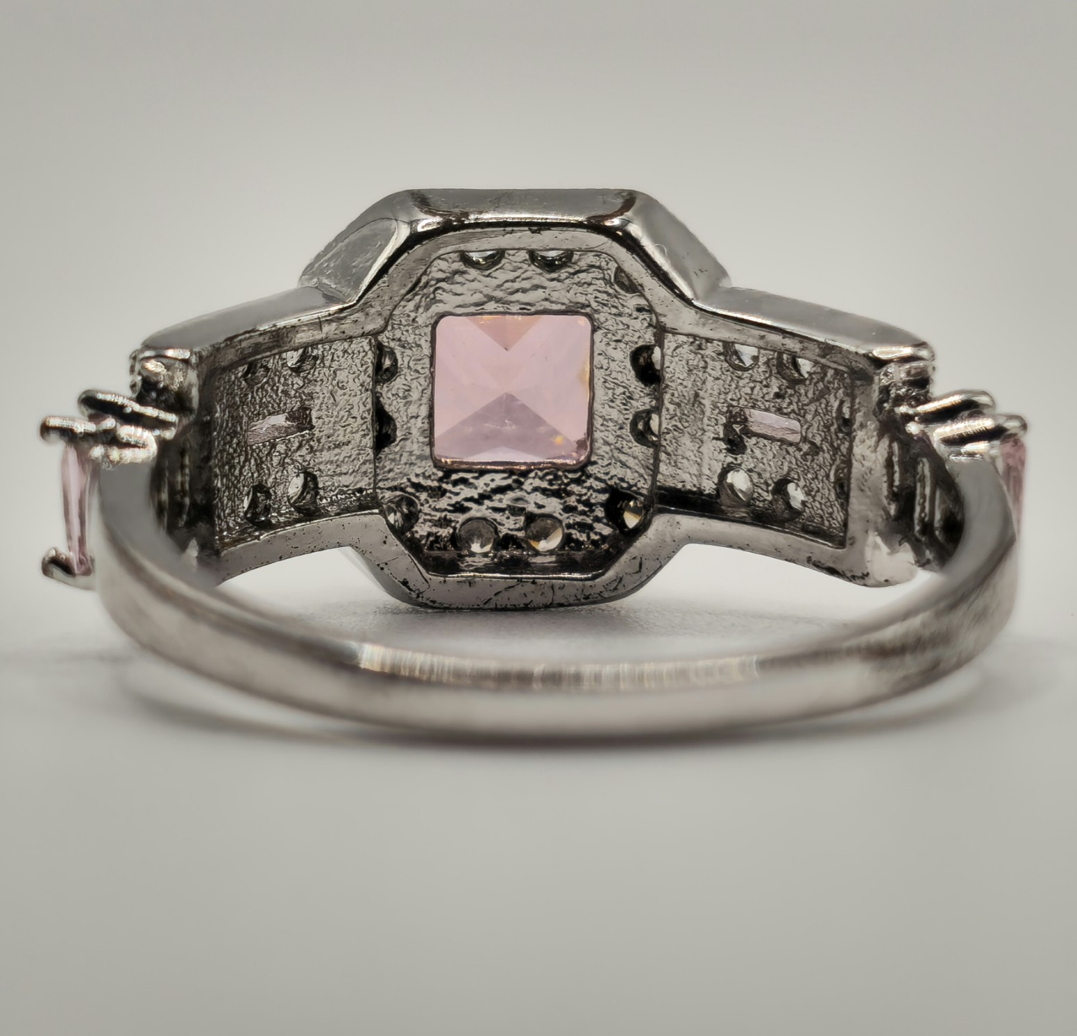 Pink Emerald Cut Halo Ring 925 Sterling Silver Statement Size 7 CZ Accent