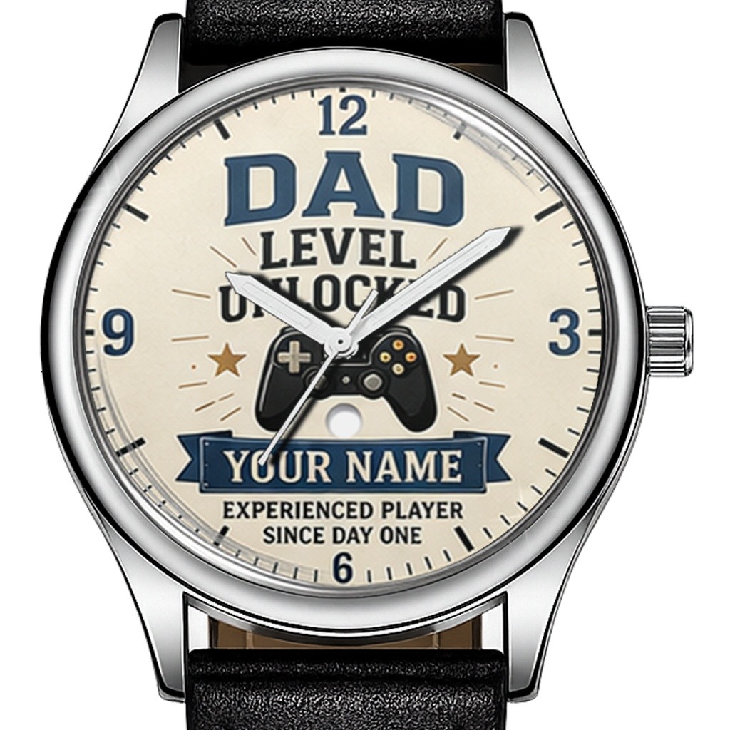 Dad Level Unlocked Personalised Gamer Dad Watch Gift 38mm Dial Boxed