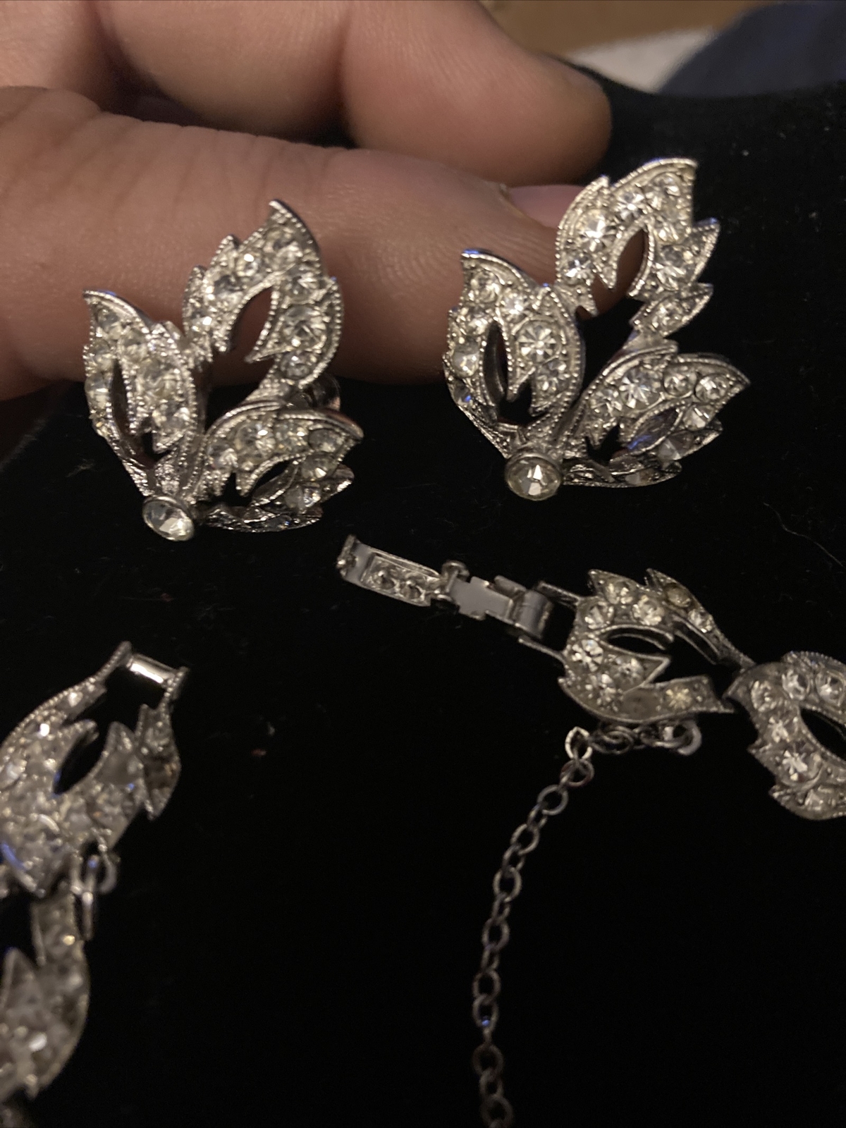 Vintage Ora Rhinestone SilverTone Safety Chain Bracelet 8”+ORA Earrings Set