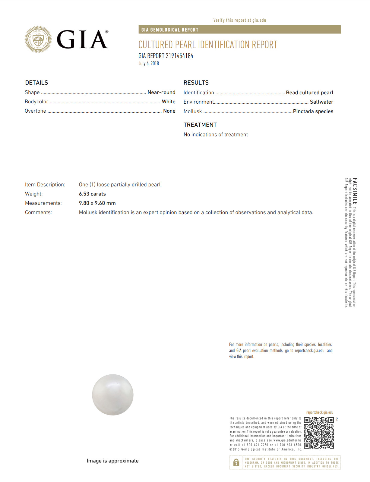 6.53 ct GIA Certified 9.80 mm Cultured Saltwater Pearl Pinctada Species. LP9