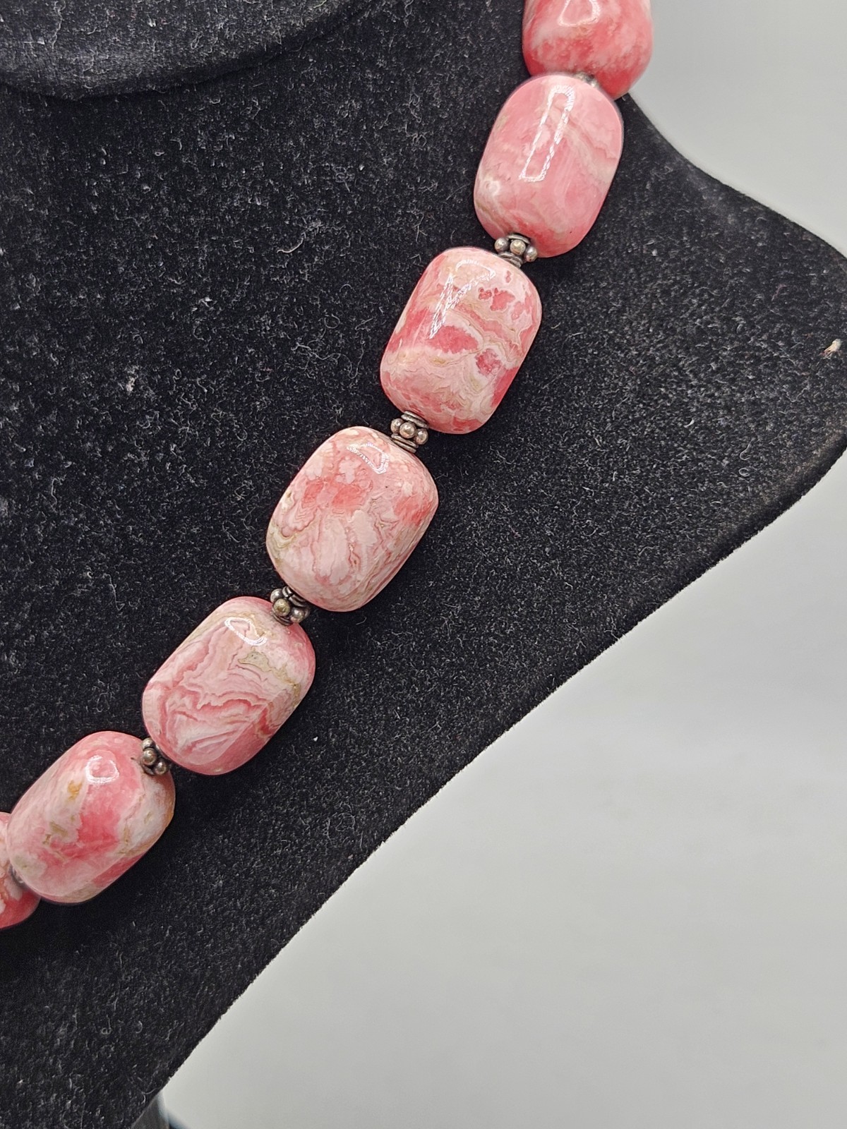 Hand Crafted Rhodochrosite Chunky Beaded Statement Necklace W/ Sterling…