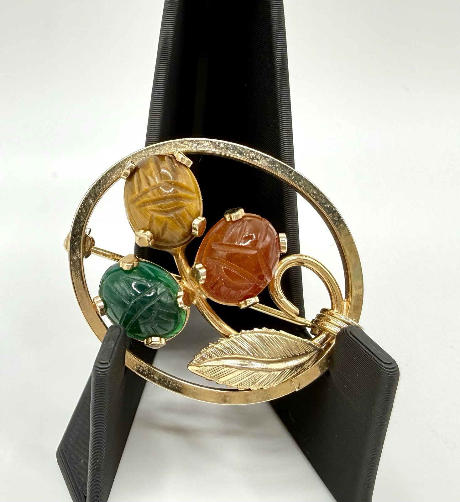 Vintage Burt Cassell 12K Gold Filled Carved Scarab Brooch Hardstone Signed