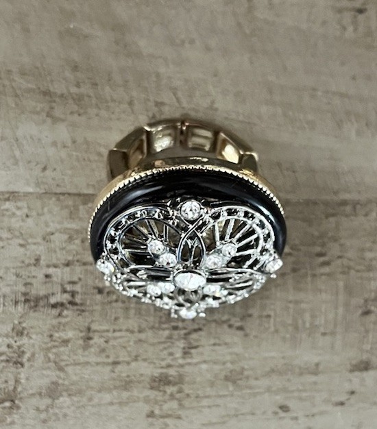 Black Silver Gold Clear Crystal Open Work Round Statement Stretch Cocktail Ring