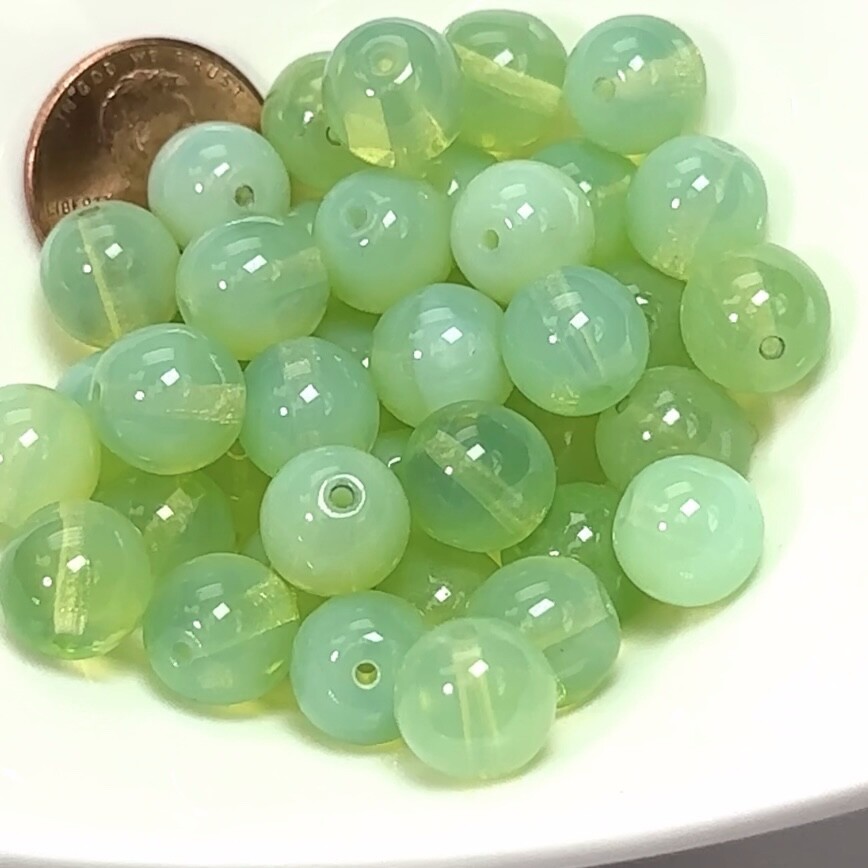 Czech Pressed Druk Round Smooth Glass Beads, 10mm Light Green Opal, 40 pcs CL095