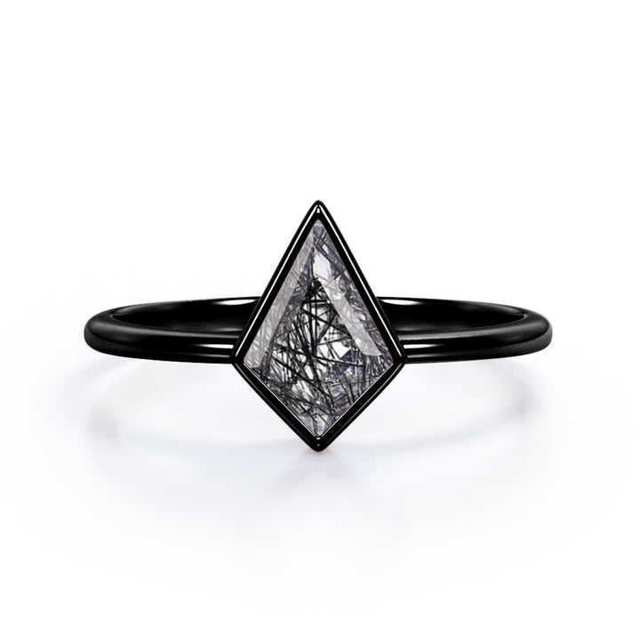Black Rhodium Plated 925 Silver Black Rutilated Quartz Kite Shape Ring For Women