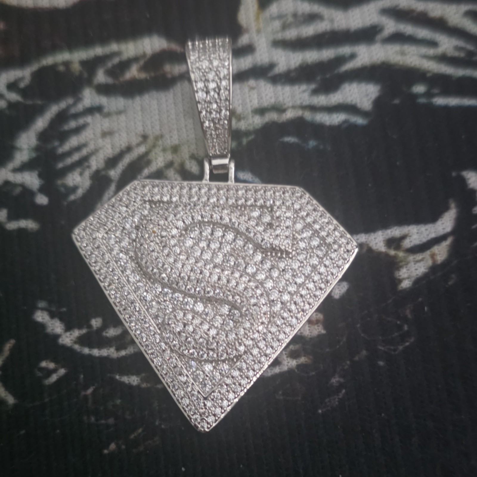 Silver Tone Pavé Superman S Shield Charm Pendant w/ Bail, White Round Stones