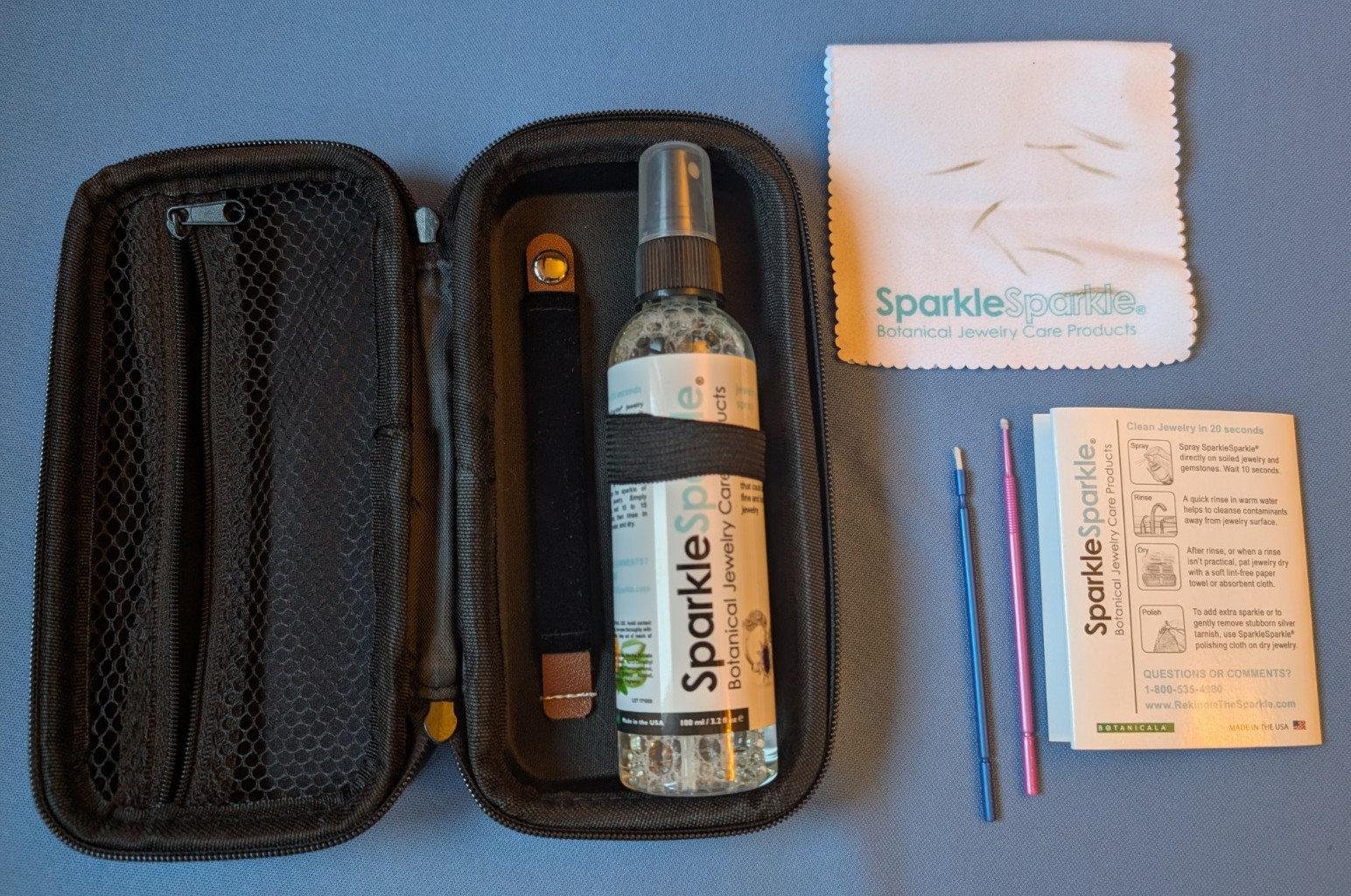 Sparkle Sparkle Botanical Premium Jewelry Care Kit, zipper case, cleanser, cloth