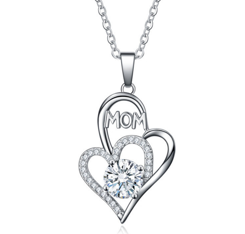 Women Silver Love Heart MOM Cubic Zirconia Pendant Necklace 18″ Gift PE42