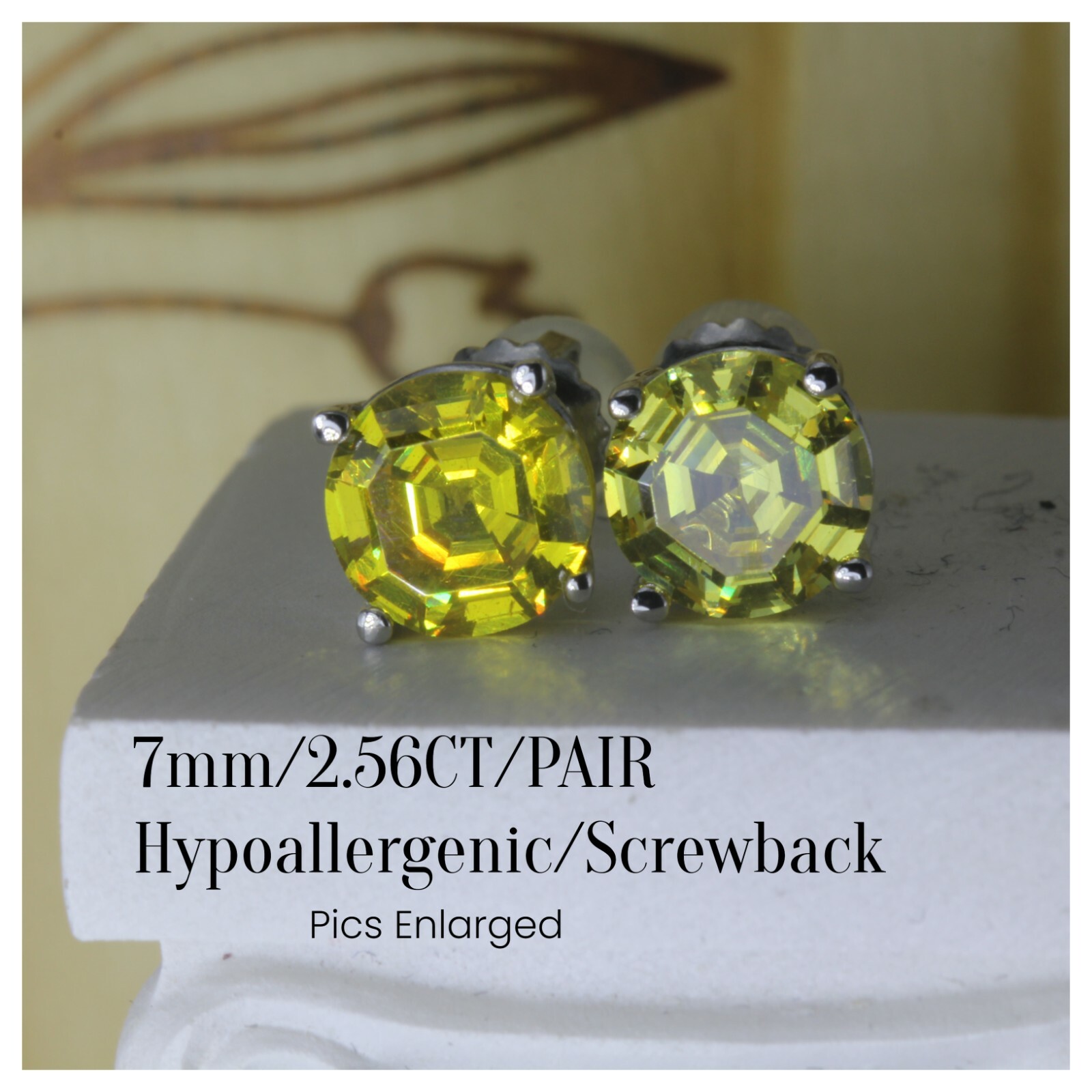 2.56CT Canary Yellow Asscher Round Platinum Finish 925 Stud Screw Back Earrings