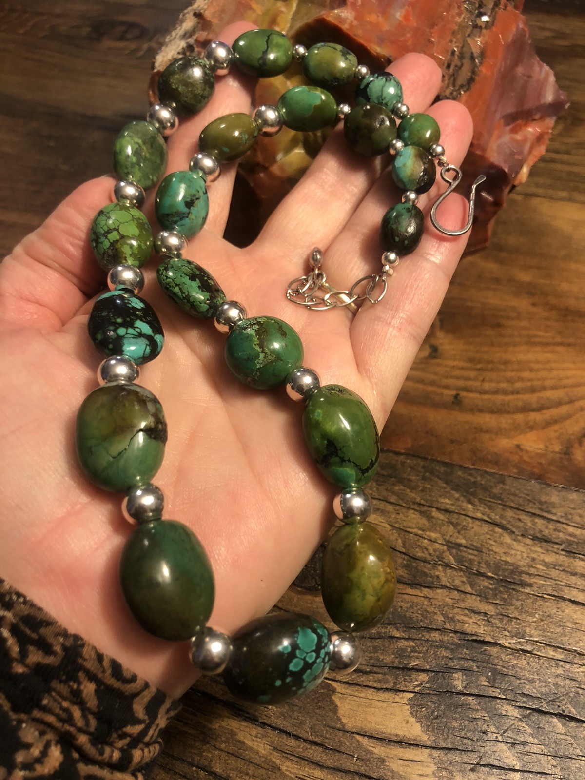 DR925 Heavy Hubei Turquoise Nuggets 19”-22” Sterling Silver Bead Necklace