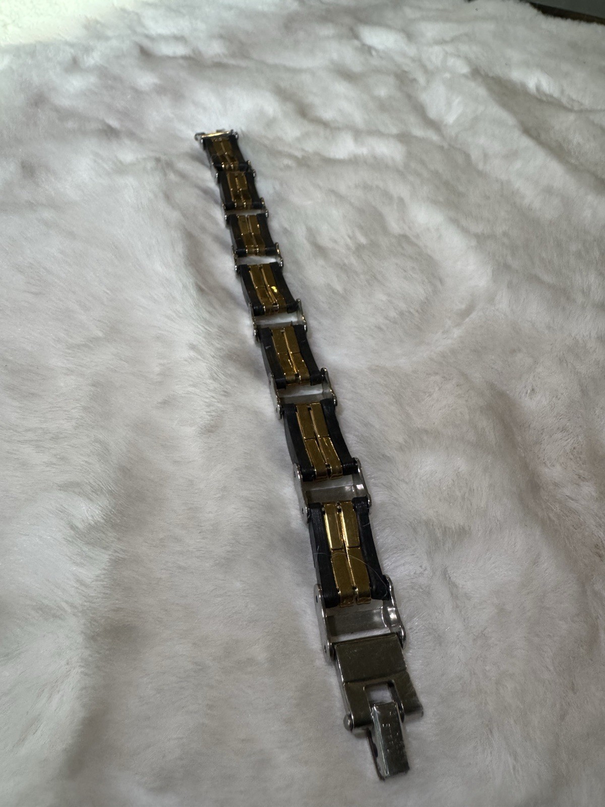 Silver Gold Black Stainless Steel Link Chain Bracelet 7.75 in Fold Over Clasp