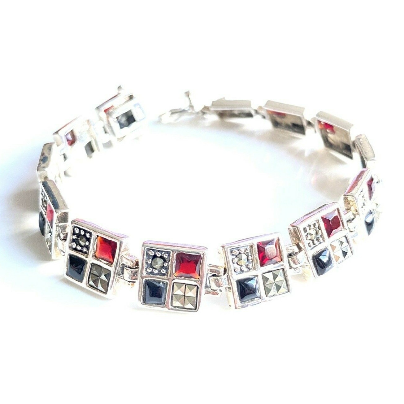 GARNET ONYX Squares BRACELET w/ Marcasite 925 STERLING SILVER (7.5 inch Long)