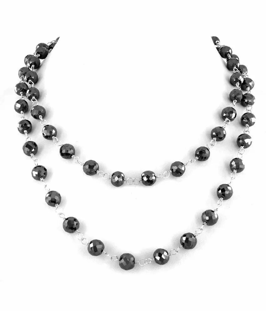 6mm 28″ Black Diamond Bead Necklace In 925 Sterling Silver With Certified