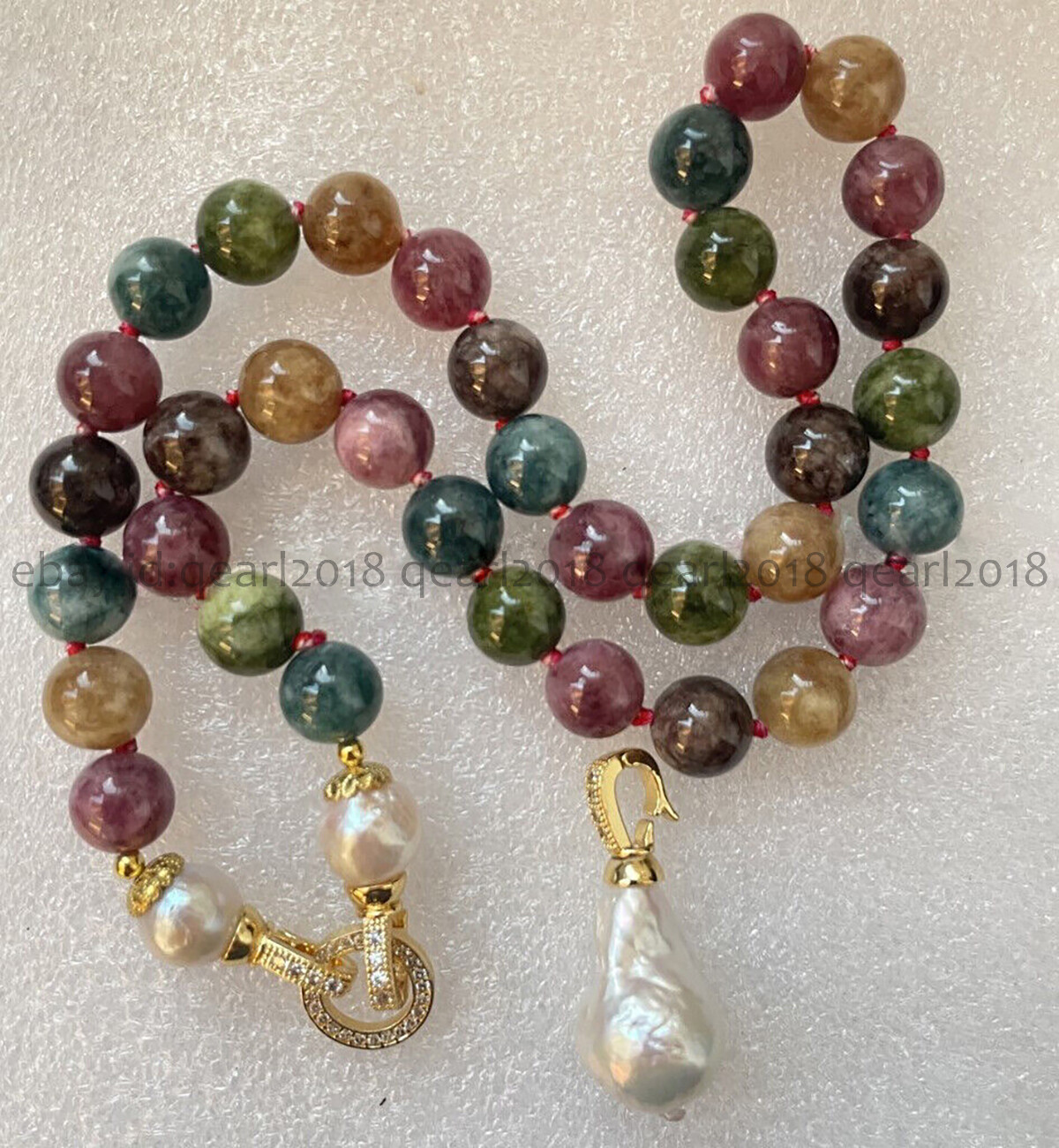 Multicolor Tourmaline Round Gemstone White Keshi Baroque Pearl Pendant Necklace