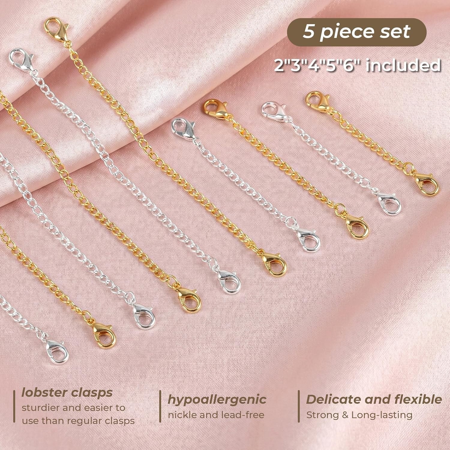 10pcs Stainless Steel Extender Chain Necklace Bracelet Extension Set 2″ 3″ 4″ 5″