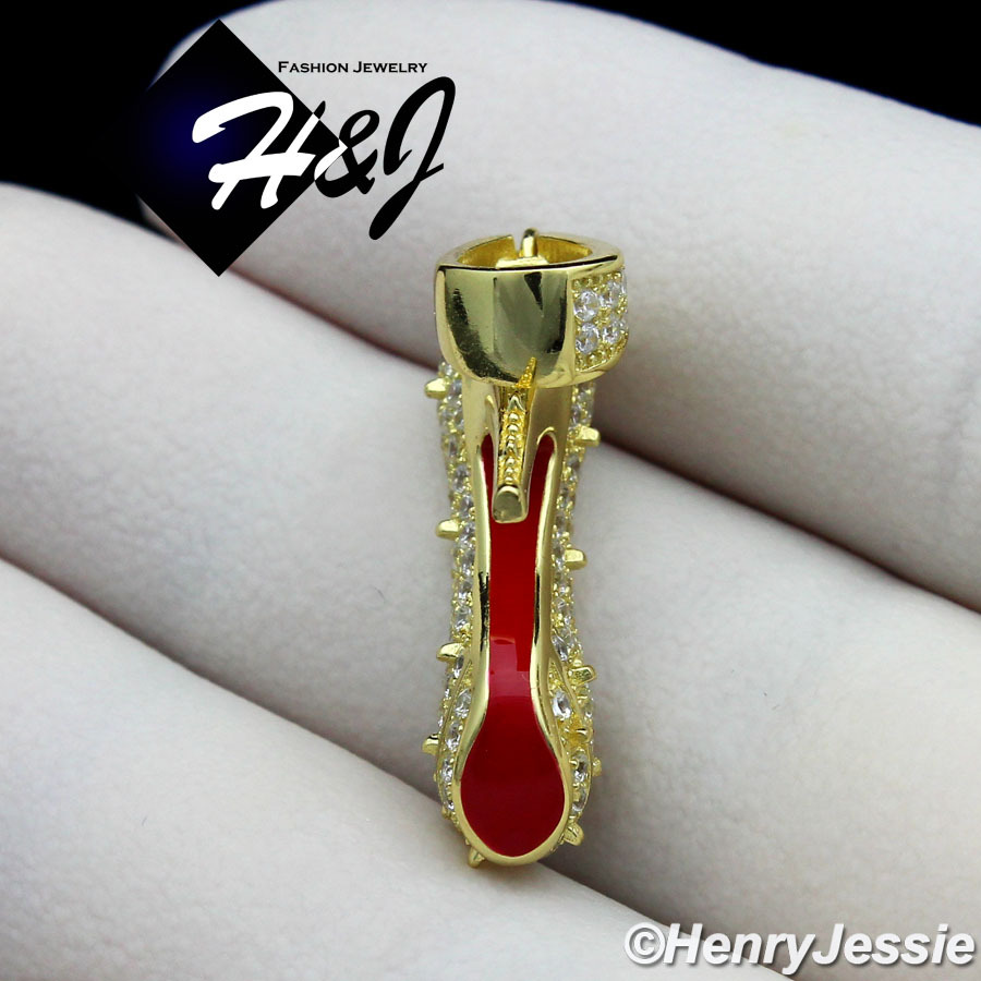 WOMEN 925 STERLING SILVER ICY CZ GOLD PLATED 3D HIGH HEEL SHOE PENDANT*GP161