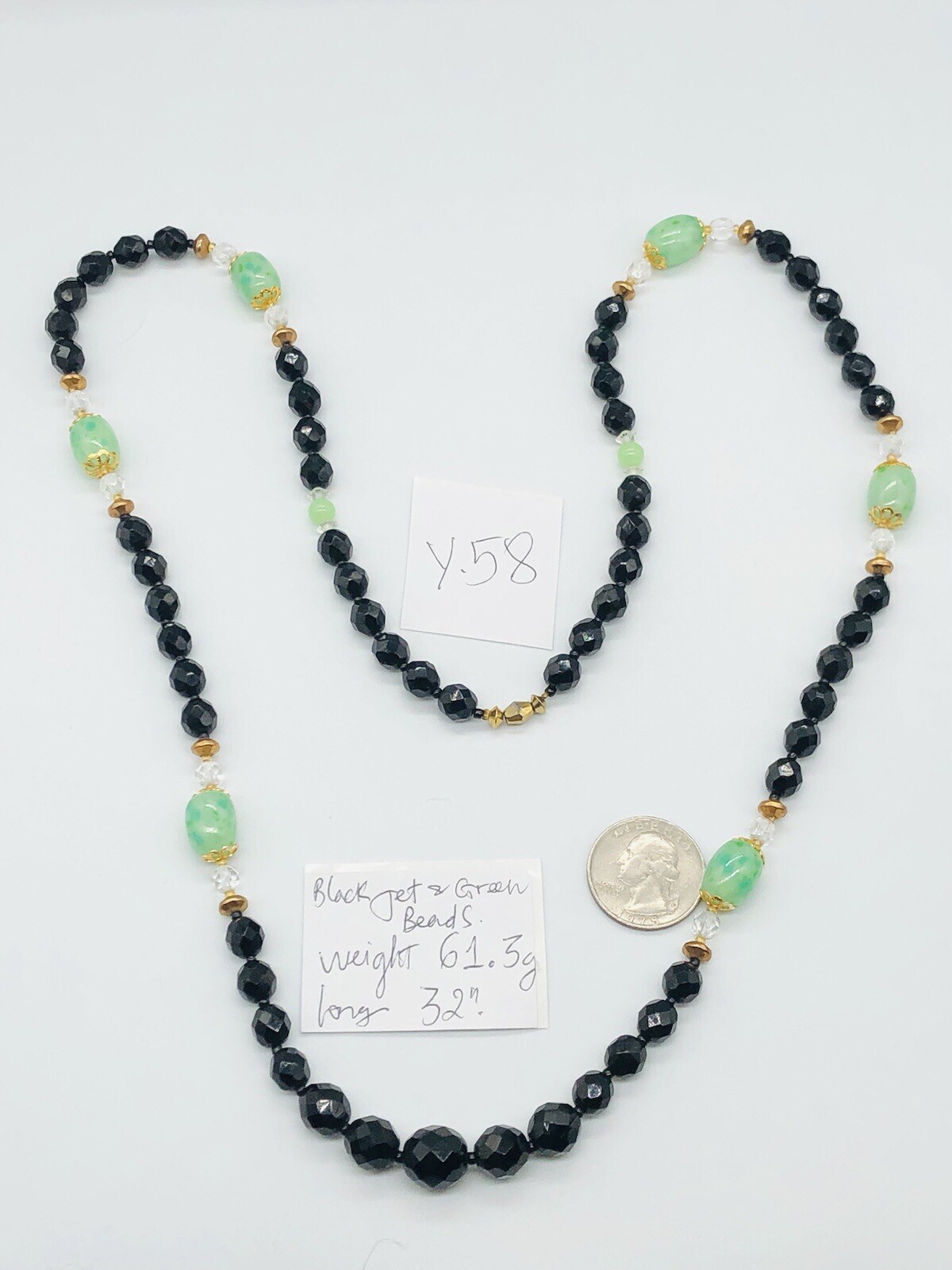 Vtg Green Jade Look & Black Jet Glass Beads Overhead Necklace Long 32”