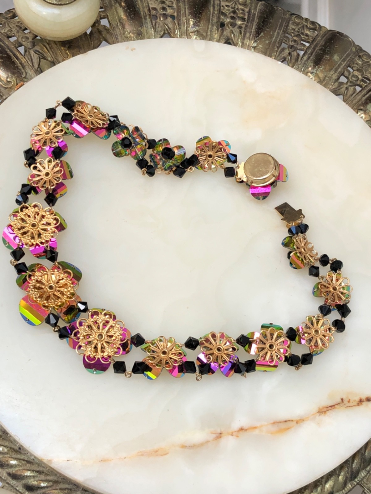 VTG 1950s 60s WESTERN GERMANY Margarita Heliotrope & JET GLASS BEAD BIB Demi