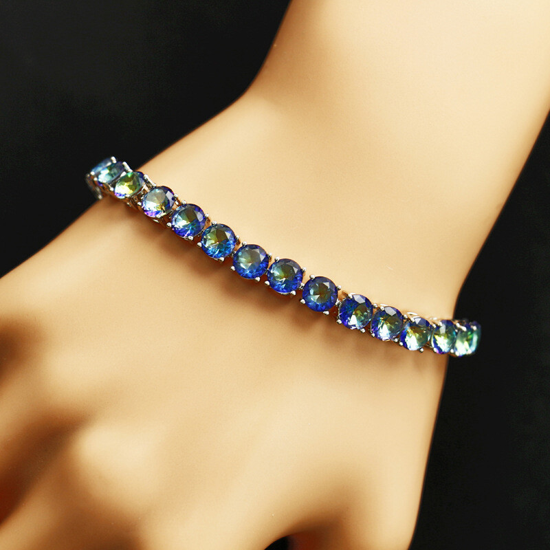 New Round Cut Rainbow Blue Fire Topaz Gemstone Silver Charm Women Bracelets