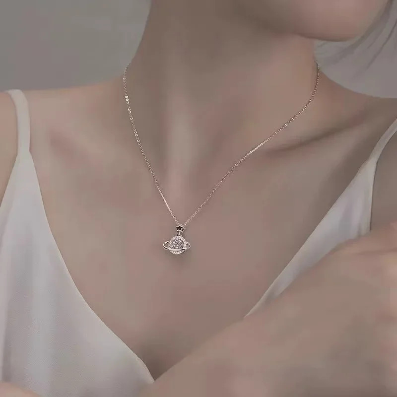 Fashion Silver Color Planet Shape Necklace Simple Charm Geometric Pendant Birthd