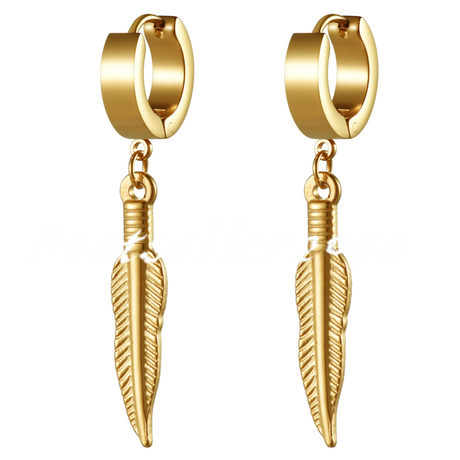 2pcs Men Women Stainless Steel Long Feather Dangle Hoop Huggie Earrings Studs