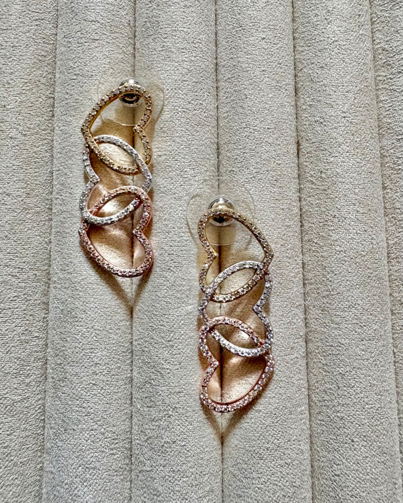 Moissanite 3 Row Heart Earrings in YG, RG and Platinum Over Sterling – 1.90 ctw.