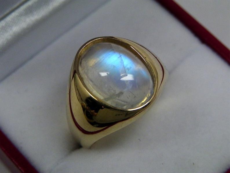 Solid 925 Sterling Silver Natural Rainbow Moonstone Gemstone Men’s Unisex Ring