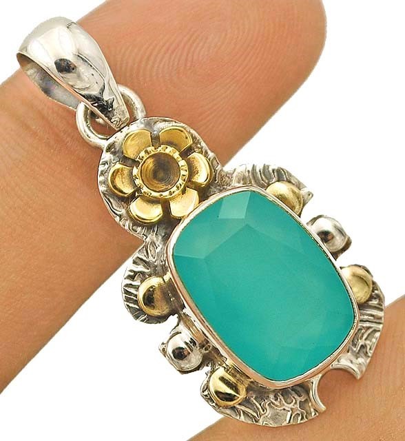 Two Tone Natural Aquamarine Chalcedony 925 Sterling Silver Pendant @B13-5