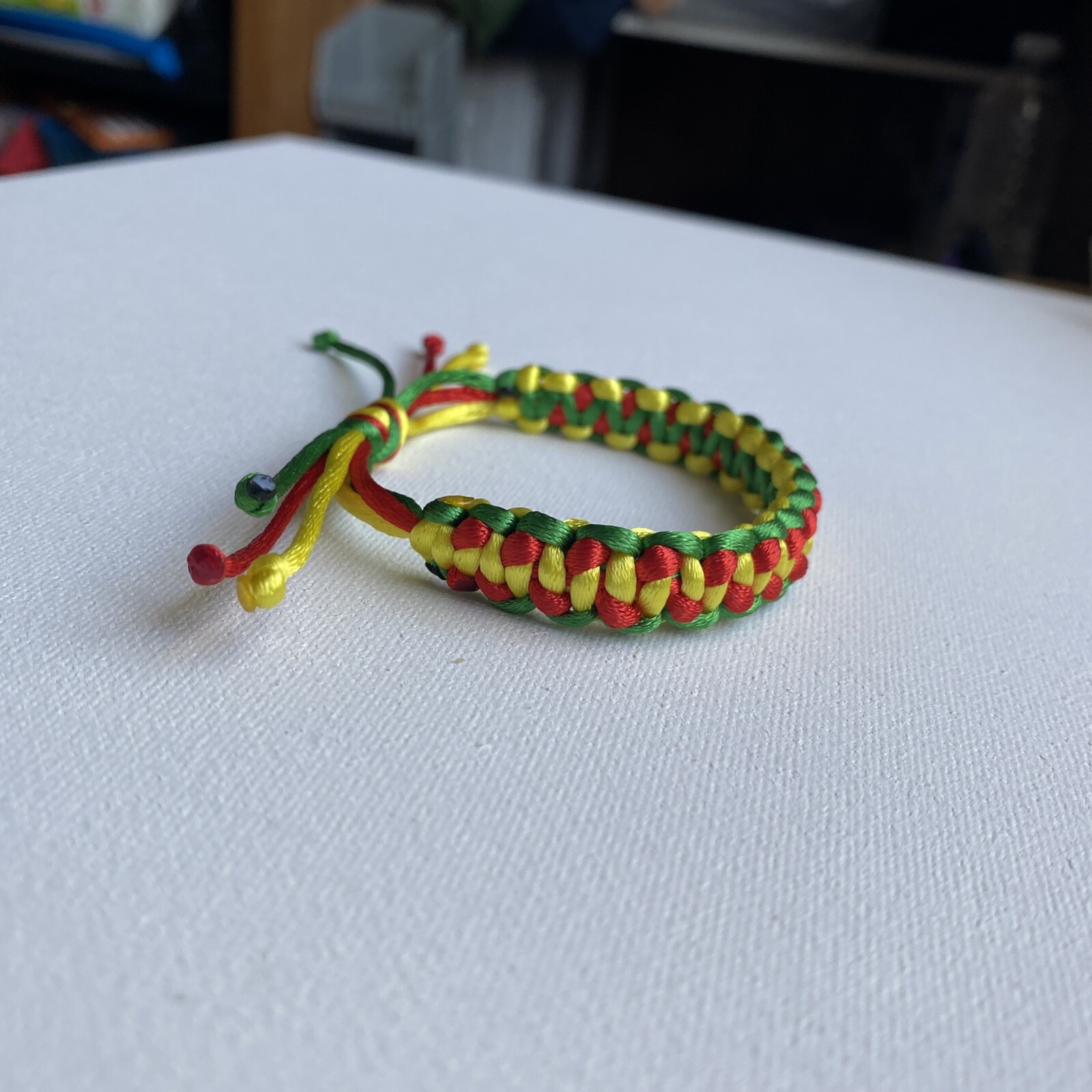 CAMEROON Bracelet GREEN RED YELLOW Satin Rattail Cord Shamballa Nylon Macrame
