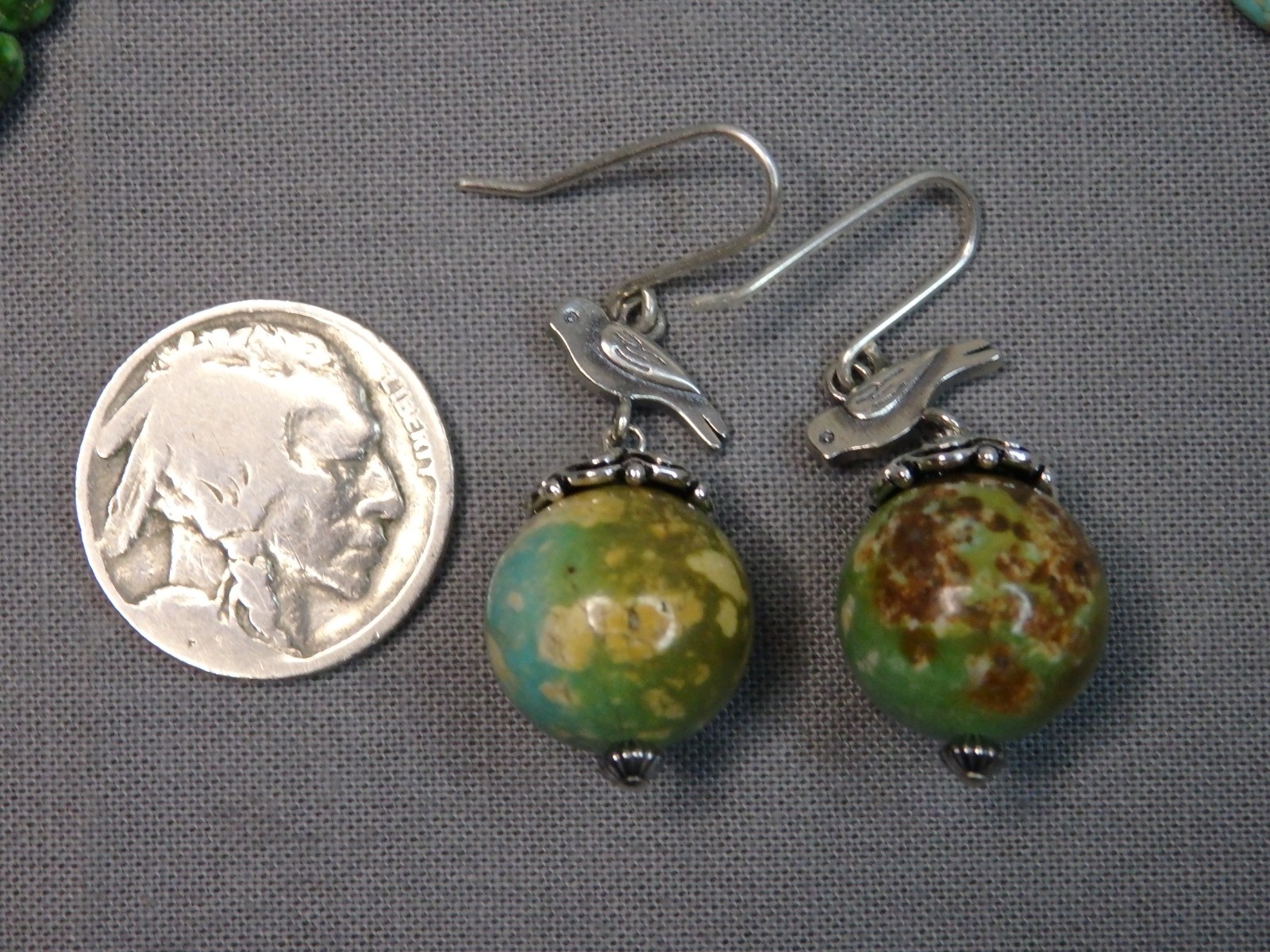 ROYSTON Polychrome TURQUOISE Sterling Silver 1&5/8″Long 2 Sided BIRD Earrings