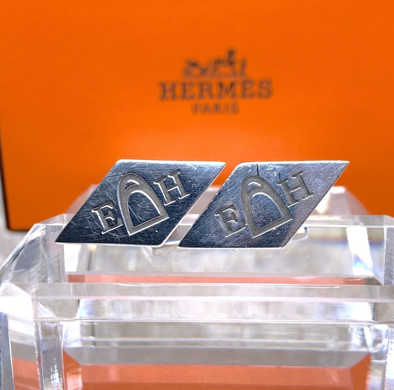 Hermes Cufflinks AG925 Sterling Silver Diamond Logo Chain Type with Case