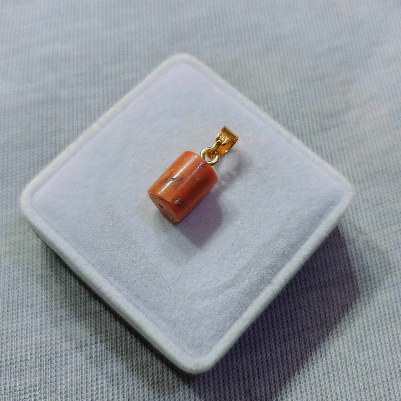 Natural Orange Coral Barrel Pendant Gold Plated Bail Handmade Necklace Jewelry
