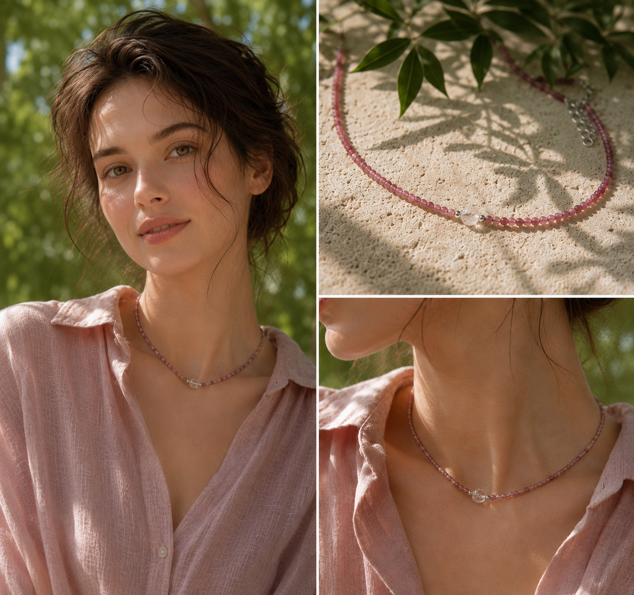 Healing Stone Strawberry Quartz Necklace 925 Silver Faceted Ø-3 mm with Rock Crystal Bead